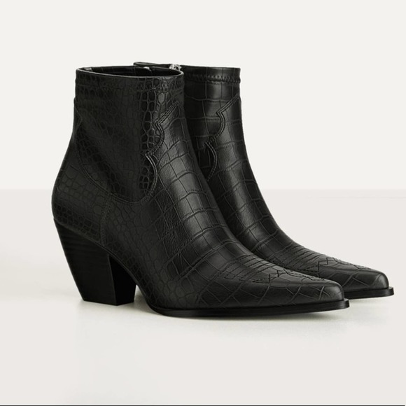 Bershka Shoes - Bershka Black Faux Leather Embossed Booties